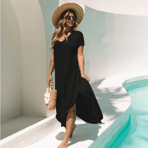 black maxi V-neck T shirt casual boho with pockets - Picture 5 of 11